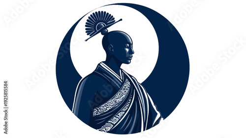 A regal person, in ceremonial garb, framed by a dark blue circle on a white background
