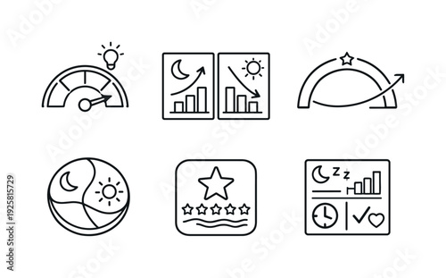 Sleep Insights Icons. Line style icons of user sleep insights: improvement suggestion dial, trend comparison panel, progress arc,
