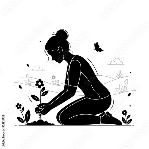 Woman Planting Flower in Garden Soil isolated on transparent background.