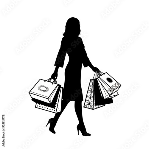 Woman carrying shopping bags in silhouette isolated on transparent background.