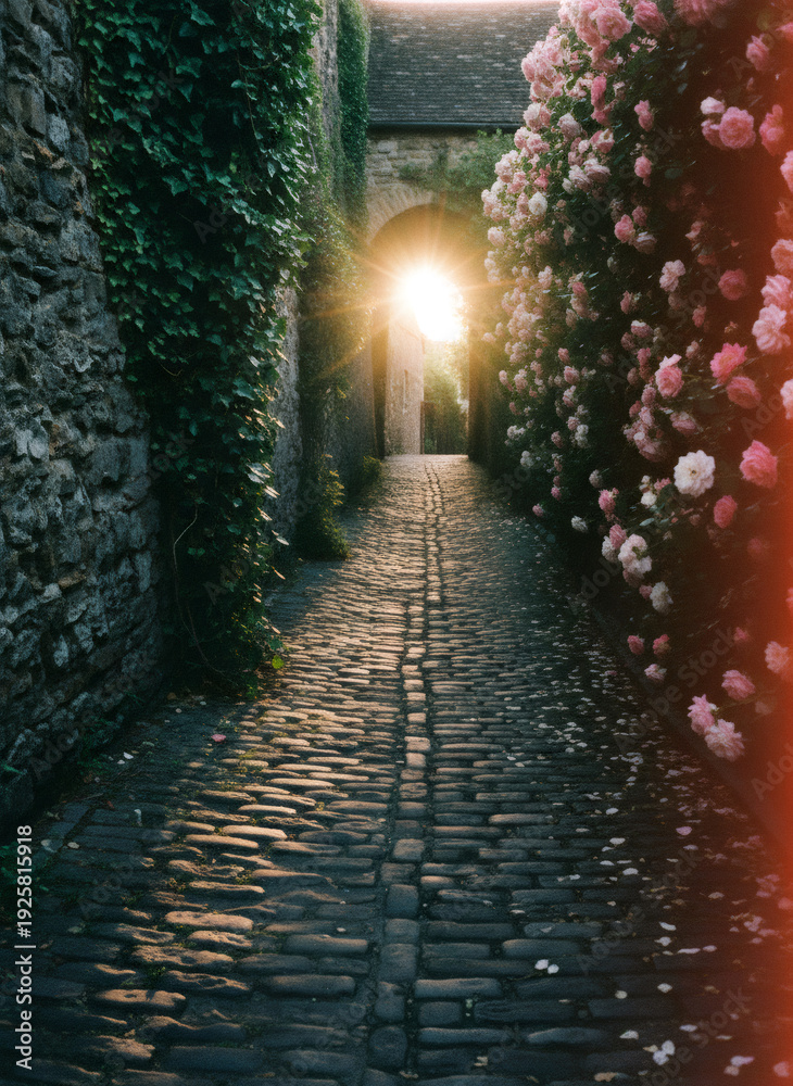 Obraz premium Sunbeam shining through an old stone archway in a narrow cobbled alley with climbing roses and ivy. Historic European street view for travel concept.