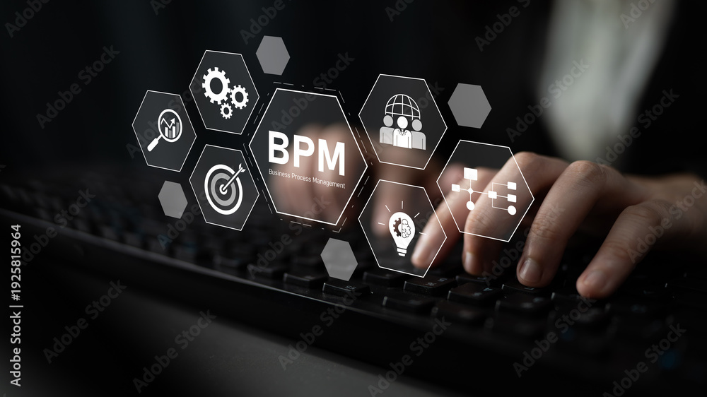 Naklejka premium Business Process Management concept showing workflow analysis, process optimization, team collaboration, automation, and performance improvement Latch