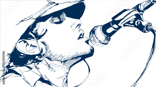 Illustration of a person singing into a microphone, with a hat, in a monotone color
