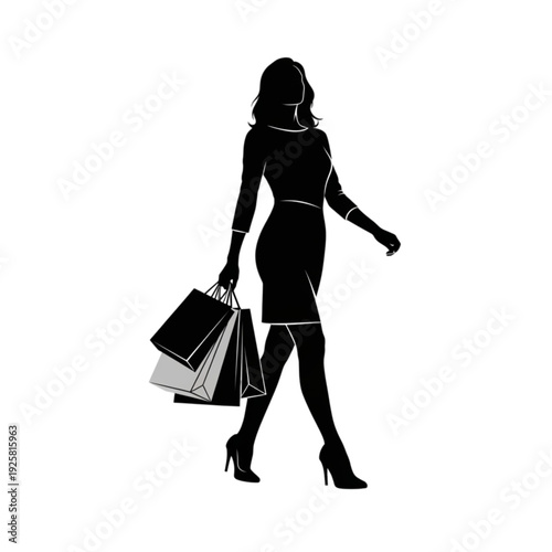 Woman walking with shopping bags isolated on transparent background.