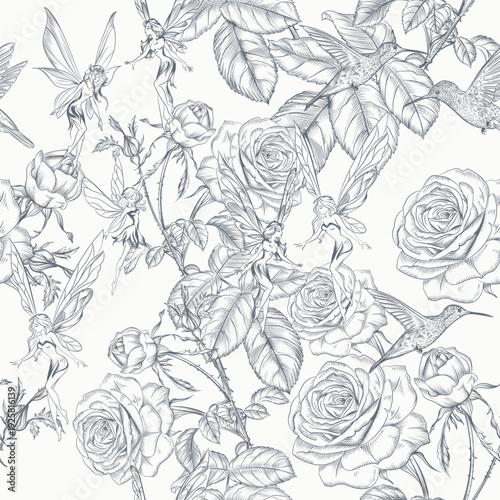 Fashion blue grey and white textile design. Rose plants print with fairy nymphs. Toile de jouy flowers wallpaper, pattern, background. Nature gentle seamless pattern. Vector pattern