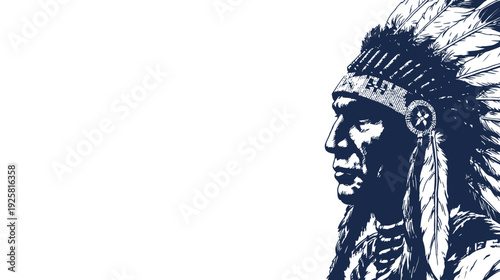 A side profile of a Native American chief wearing a headdress in navy blue on a white background