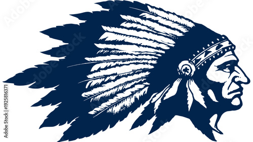 Silhouette of a Native American chief in profile, wearing a feathered headdress, in dark blue