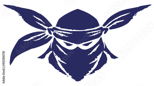 A stylized illustration featuring a face obscured by a bandana and head covering. The image is on a white background