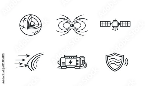 Line style vector icons of artificial magnetic field generation: planetary-core outline, magnetic-field lines motif,