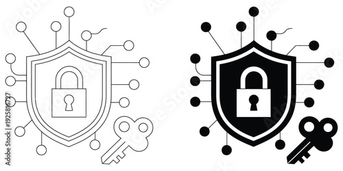 Digital security shield icons, vector set featuring lock and key elements, privacy protection, and data safety symbols for cybersecurity applications