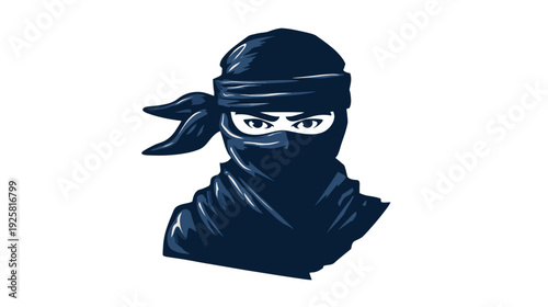 A stylized illustration depicting a ninja, focused on the face, partially obscured by a mask