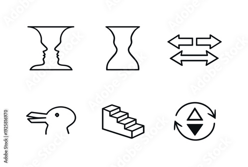 Line style vector icons of reversible figure illusion: profile-face icon, vase-outline motif, perception-toggle arrows, ambiguous