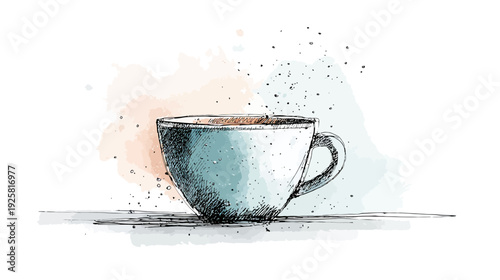 Artistic coffee cup illustration with watercolor splashes and detailed pencil sketch