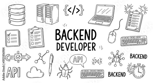 Doodle illustration of backend developer tools and concepts with text