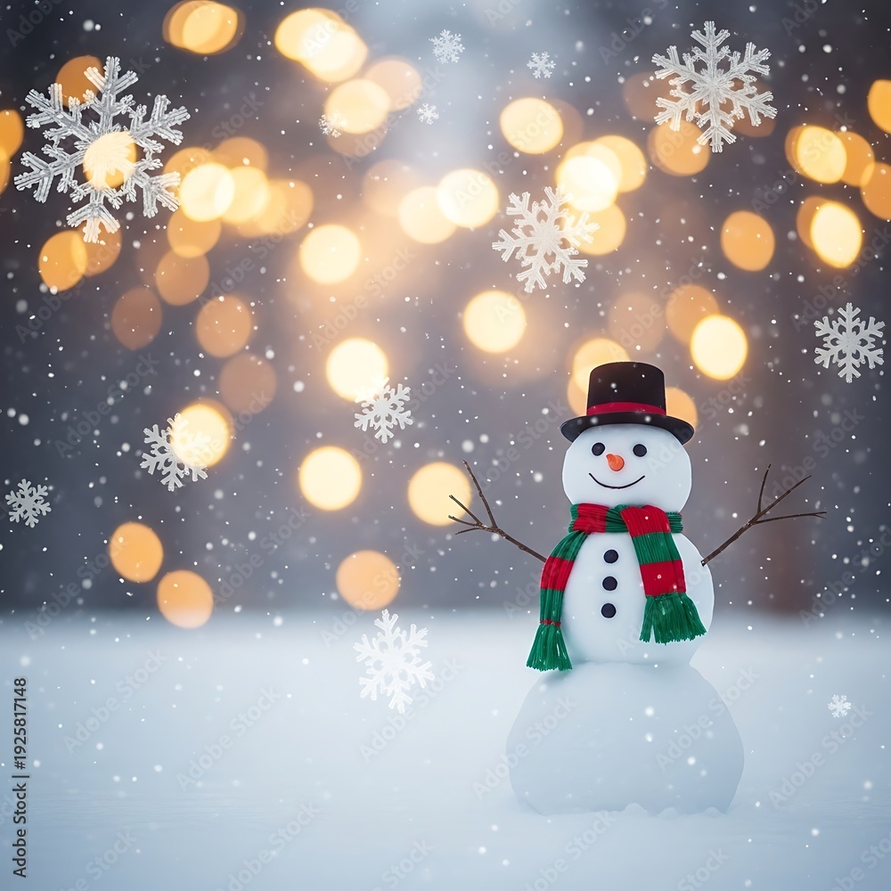 Obraz premium Snowman with scarf and hat on snowy ground.