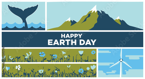 Earth Day icon set, Happy Earth Day banner, eco friendly symbols. Created in flat style with green blue palette.