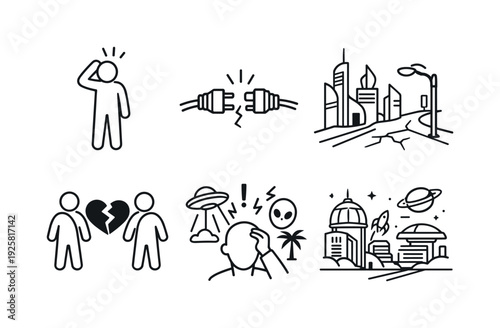Line style vector icons of future-world disorientation: human-figure icon, severed-connection motif, deserted-urban outline, lost
