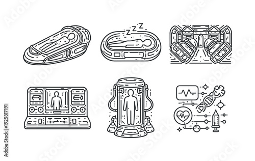 Line style vector icons of deep-space cryostasis: cryogenic-pod icon, sleeping-human outline, spacecraft-interior motif,