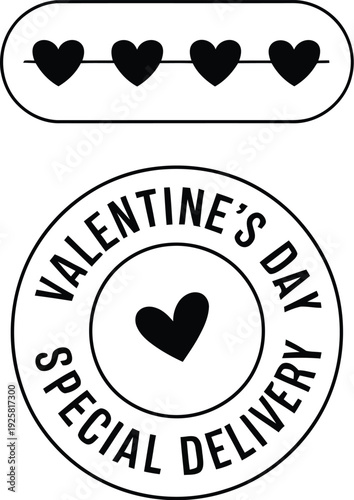Black and white Valentine's Day graphic elements with hearts and text love stamp