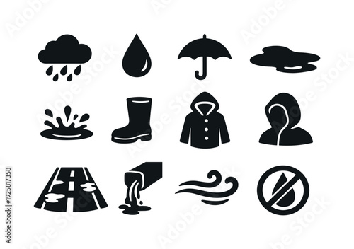 Rainy Day Icons. Solid vector icons of rainy day: raincloud, raindrop, umbrella, puddle, splash, boot, coat, hood, street,