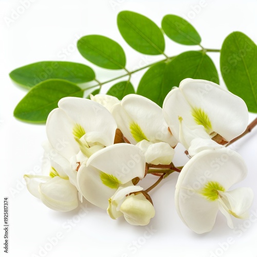 Elegant acacia blossoms and verdant foliage displayed on a pure white backdrop