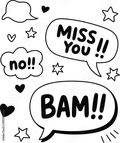 Collection of Black and White Speech Bubbles with Words and Symbols comic cartoon
