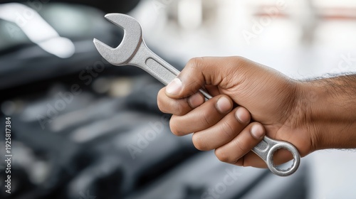 Wallpaper Mural A close-up of a person of color's hand firmly gripping a shiny silver open-end wrench, set against a blurry background of car engine components. Torontodigital.ca