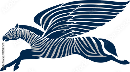 A side view of a leaping animal with zebra stripes and feathered wings against a white background