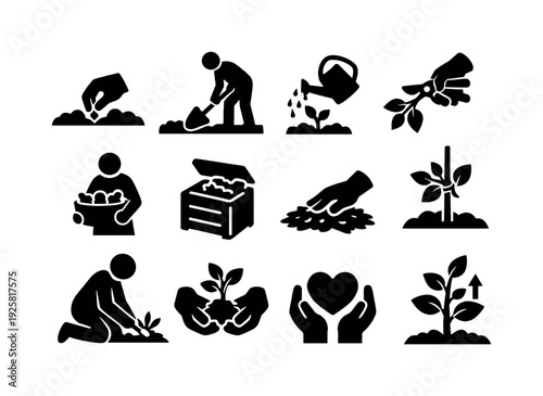 Solid vector icons of home gardening activities: planting, digging, watering, pruning, harvesting, composting, mulching, staking,