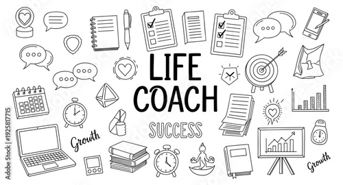 Life coach doodles representing success, growth, and goal achievement