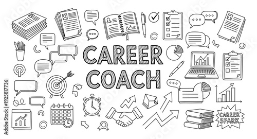 Hand-drawn illustration of career coaching elements and success symbols
