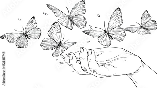 Hand releasing butterflies symbolic illustration of freedom and transformation