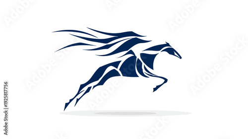 A stylized horse leaps boldly. Its dark blue form is rendered in abstract, flowing lines