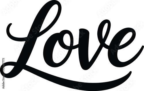 Black Elegant Script Font Word Love With Swirls On White Background lettering