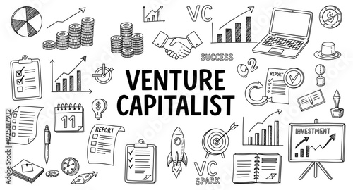 Venture capitalist concept with hand-drawn business and finance icons and symbols