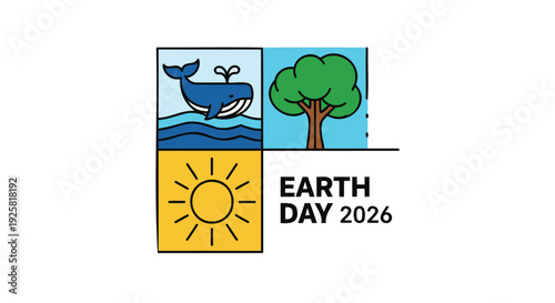 Earth Day 2026 icon set, environmental icons. Includes tree, whale, sun, eco symbols. Created in flat style with colorful palette.