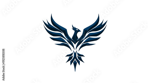 A stylized bird with spread wings in shades of blue against a white background