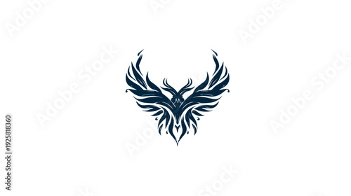 A dark blue symmetrical stylized bird emblem with outstretched wings against a white background