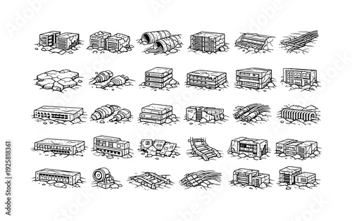 Line vector icons of future archaeology in old datacenters: subterranean rack fragments, mineral-coated servers, collapsed
