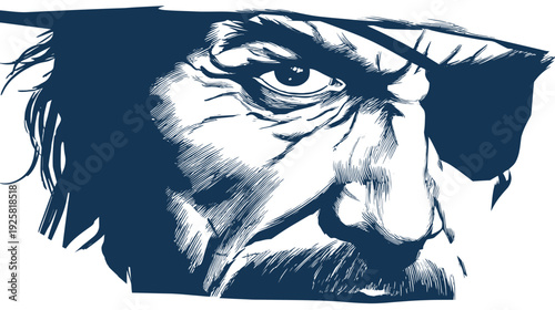 A stern and aged face, half-covered by shadow and an eye patch, in a stark style
