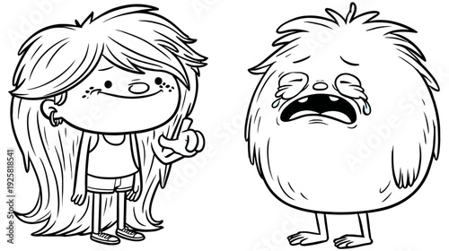 Cartoon figures girl gesturing furry creature crying monochrome illustration