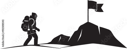 Hiker Silhouette Reaching Mountain Peak with Flag Symbol of Success