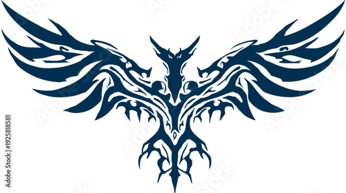A symmetrical, stylized bird design in navy blue, with spread wings and intricate patterns