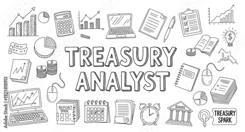Treasury Analyst job concept with financial charts, calculator, laptop, and money icons