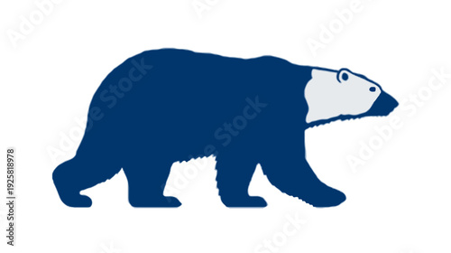 A stylized walking bear silhouette with a white face and blue body against a white background