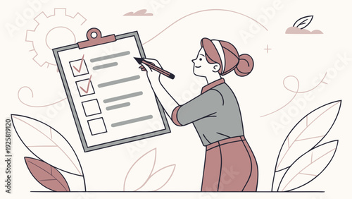 Woman checking tasks on clipboard with checklist and pen