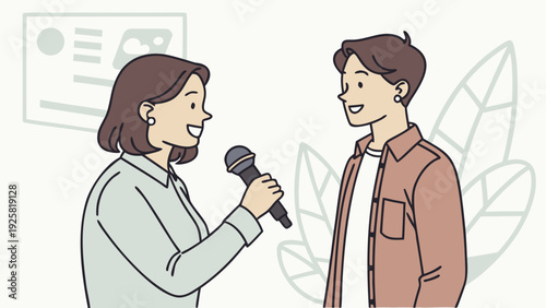 Smiling man being interviewed by a woman with a microphone