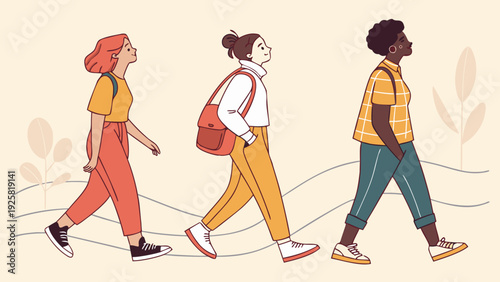 Diverse group of young adults walking together in casual outfits