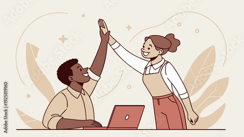 Diverse colleagues celebrating success with high five in modern office