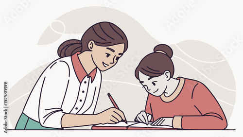 Woman helping young girl with homework in modern educational setting